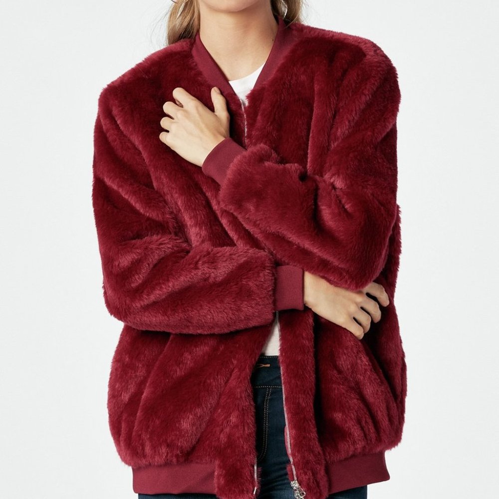 JUSTFAB Cranberry Faux Fur Zip Up Jacket size Small